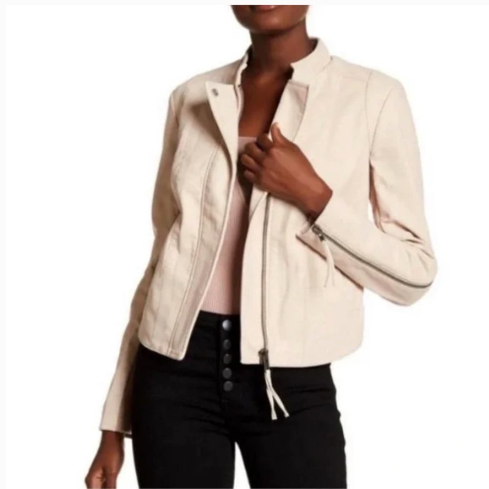 Free People Nude Blush Rose Pink Vegan Leather Motorcycle Full-zip Jacket. 6